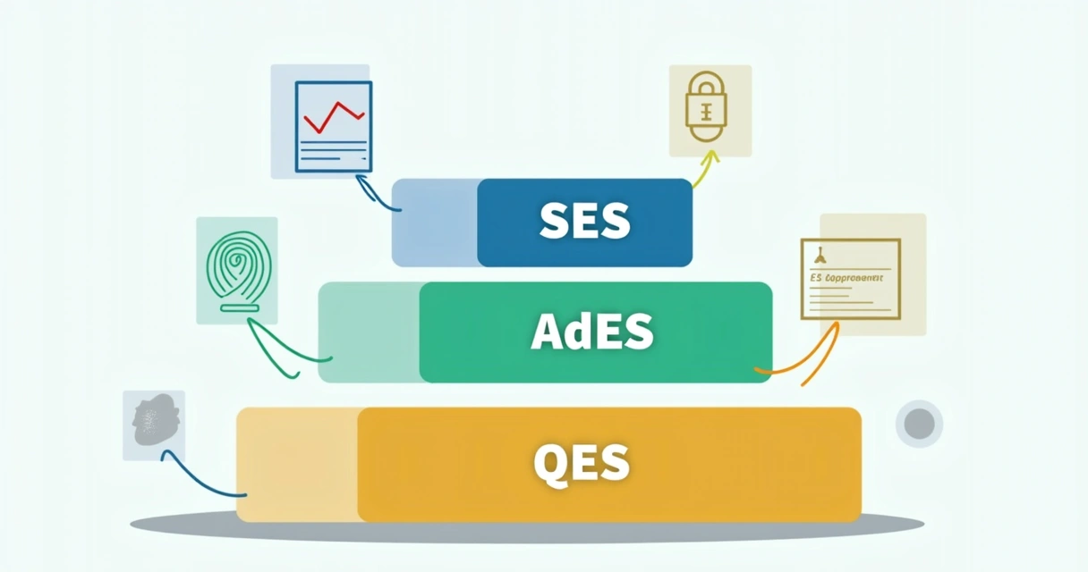 Diagram showing three levels of electronic signature: SES, AdES, QES 