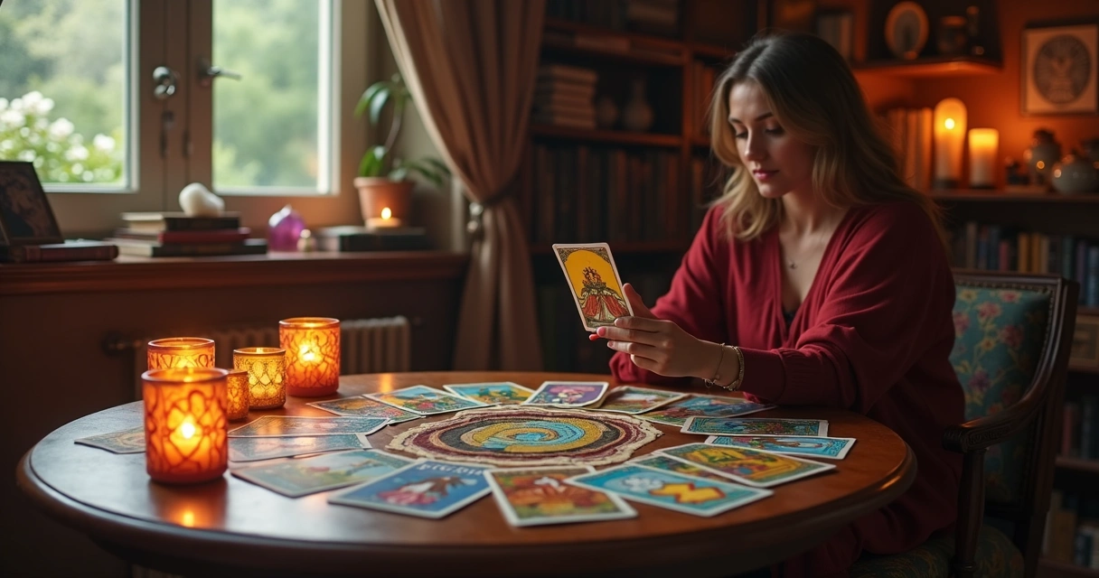 Tarot reader laying out Eight of Cups card in cozy room 