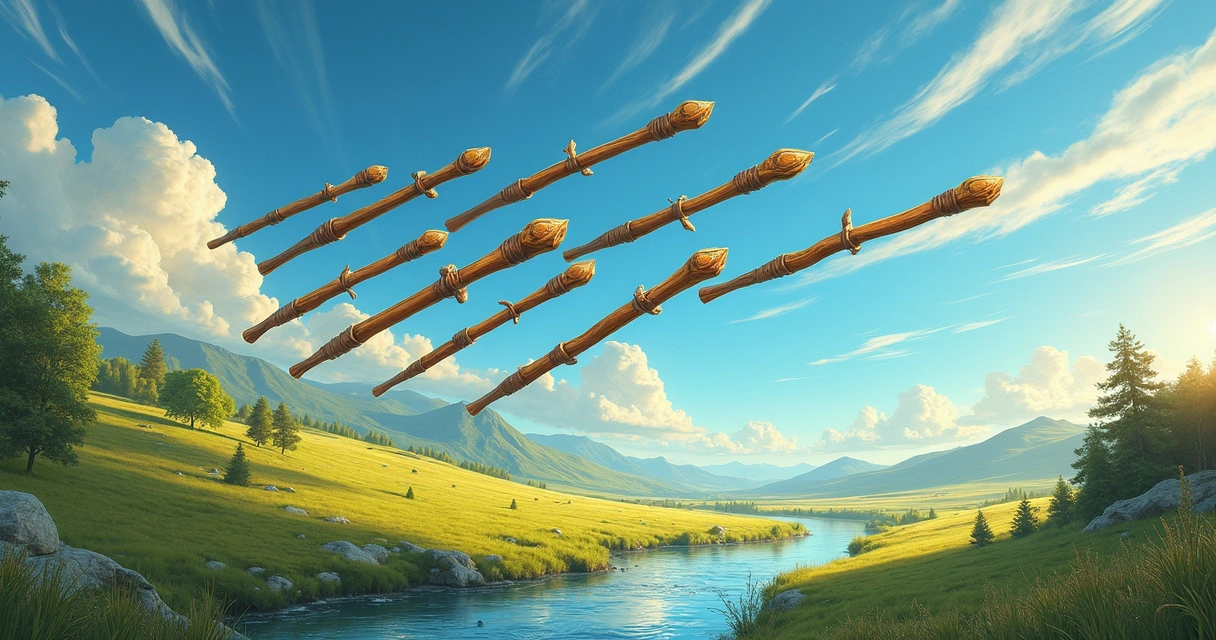 Eight of Wands tarot card with eight wooden wands flying swiftly through a bright blue sky over a distant landscape 