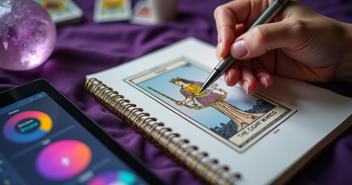 Journaling Eight of Wands meaning in a tarot diary with MysticLog open on tablet 