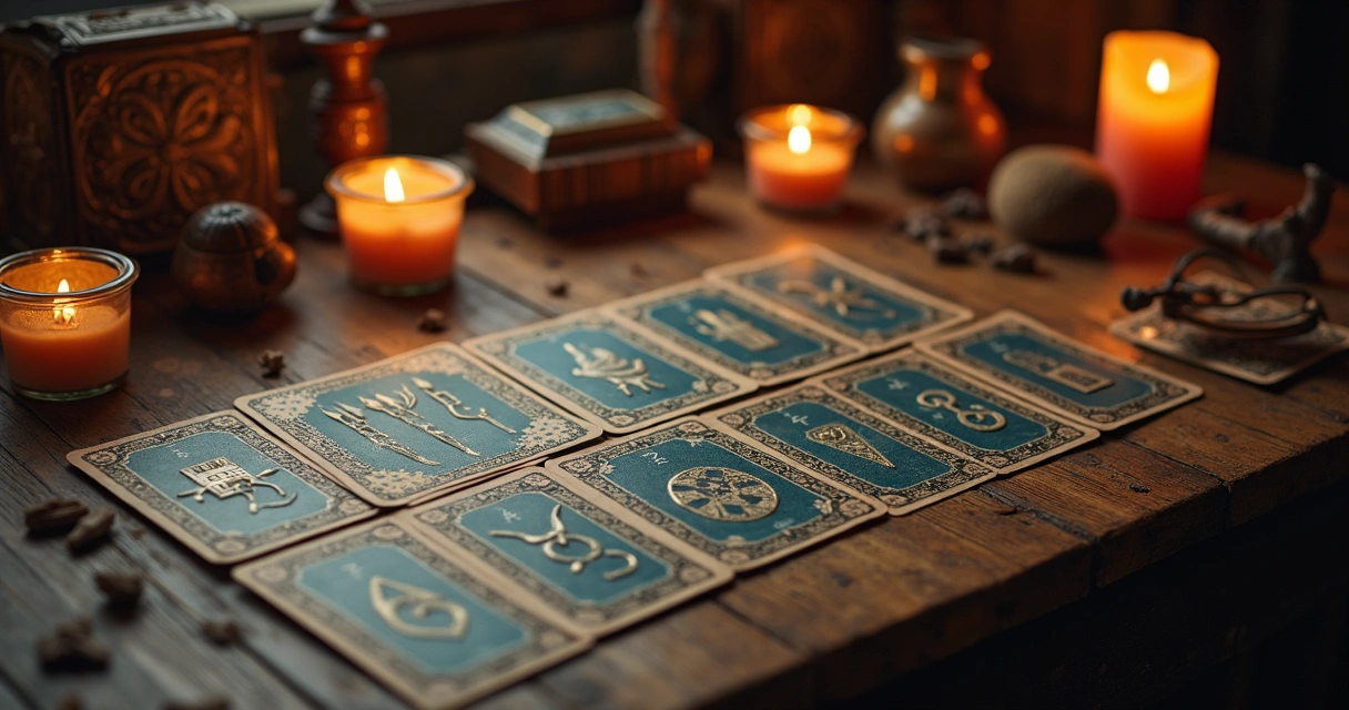 Eight of Wands tarot cards on a wooden table with scattered runes and candles 