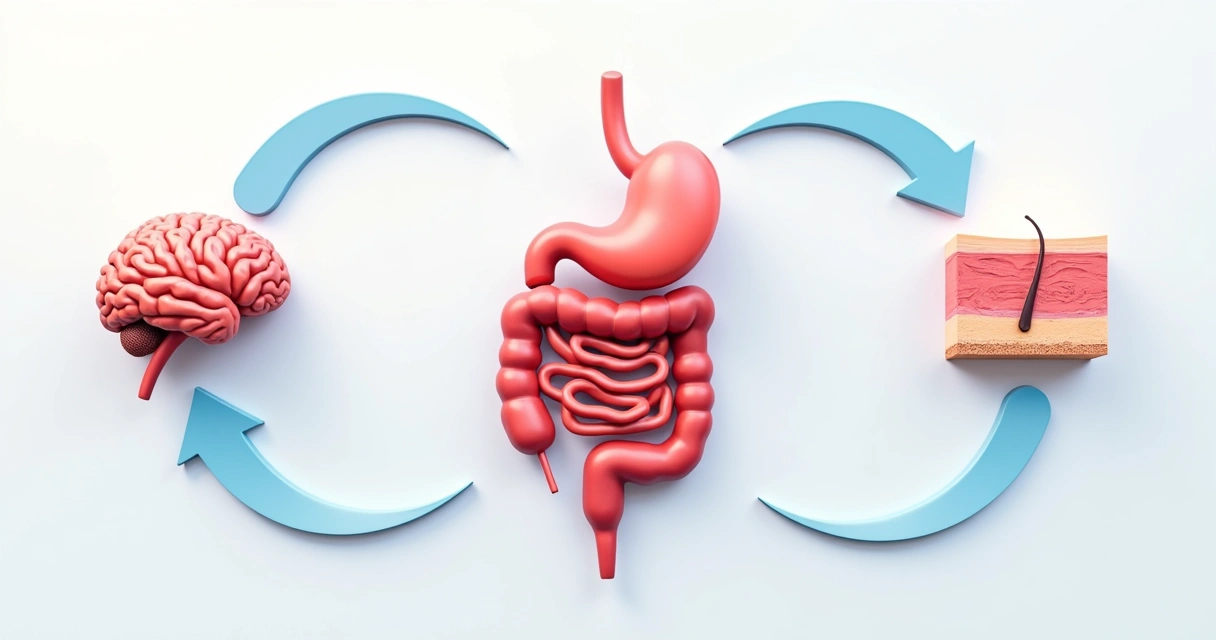 Diagrama com setas conectando intestino, cérebro e pele, ilustrando relação entre digestão, emoções e saúde da pele 