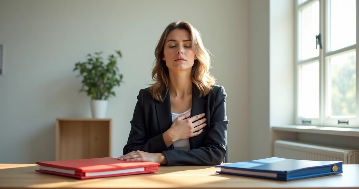 Ejecutiva con ojos cerrados tocando su pecho mientras decide ante dos carpetas opuestas 
