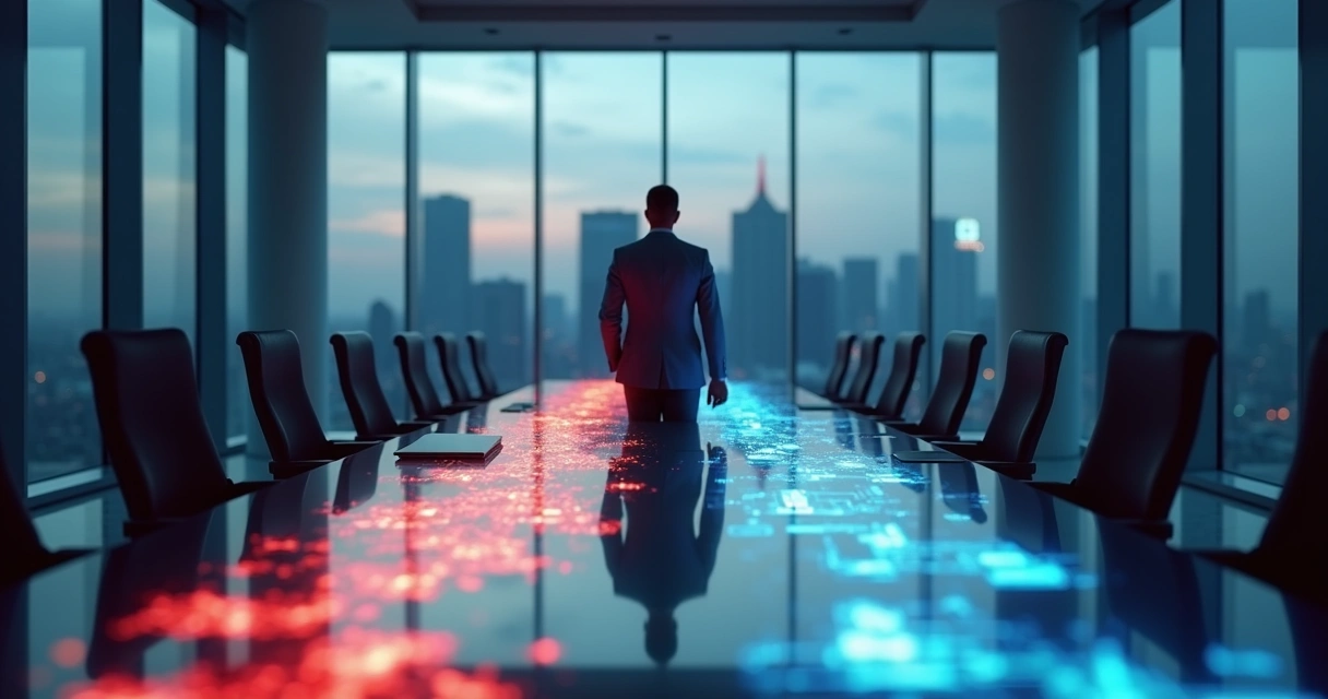 Líder empresarial frente a bifurcación luminosa eligiendo decisión estratégica racional 