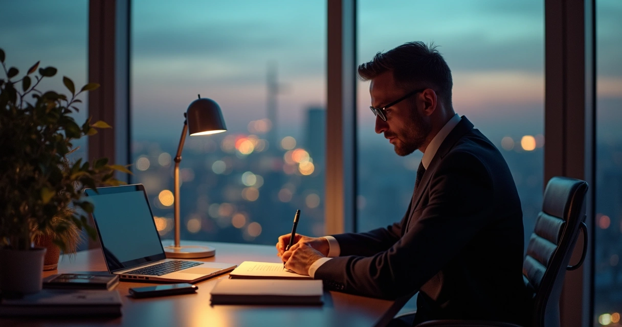 Ejecutivo con libreta reflexionando al cierre del día 