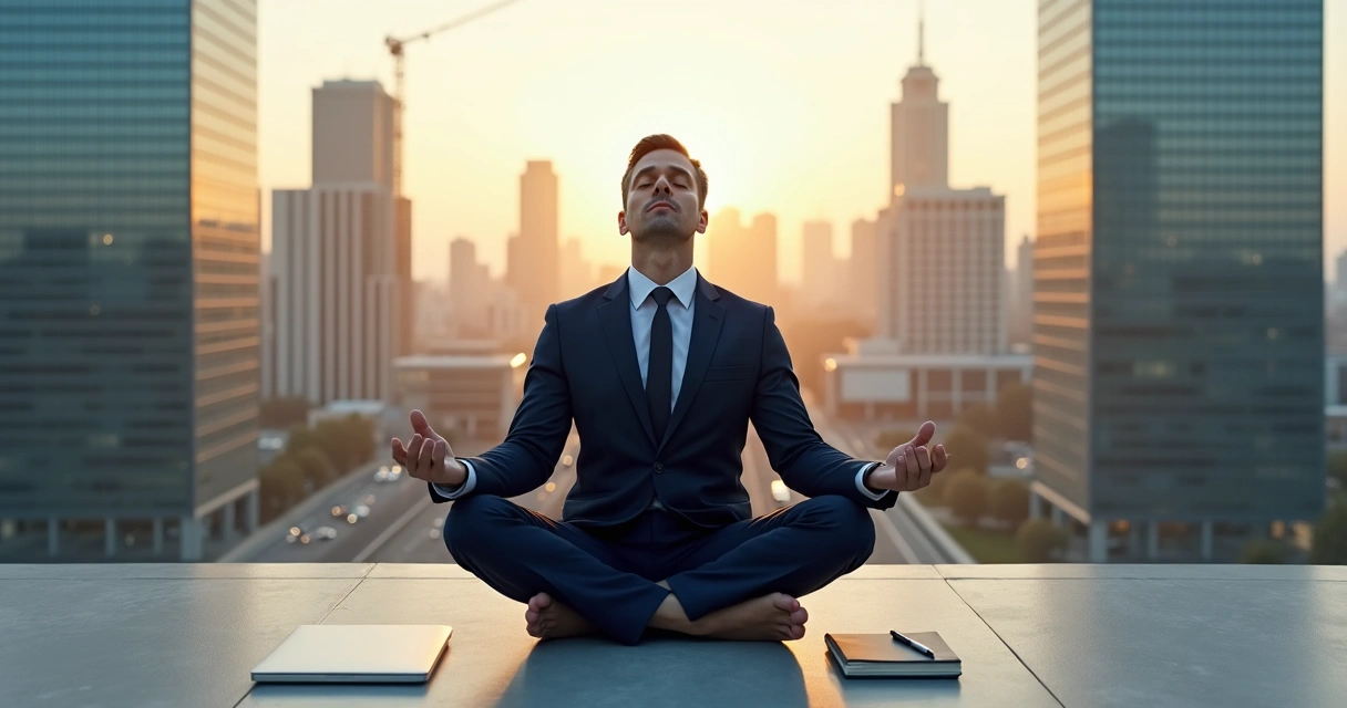 Ejecutivo sentado meditando en una azotea con la ciudad al fondo 