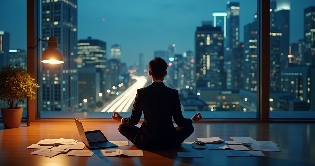 Persona meditando en oficina con ciudad nocturna de fondo 