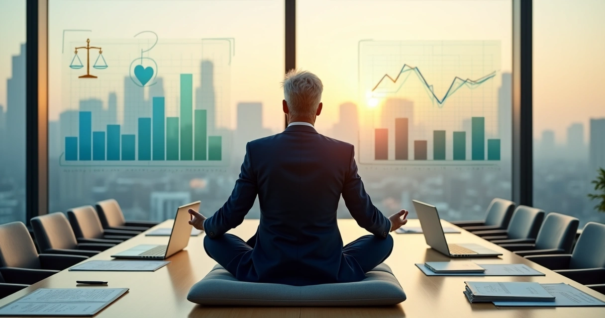 Ejecutivo meditando en una sala de reuniones con gráficos empresariales de fondo 