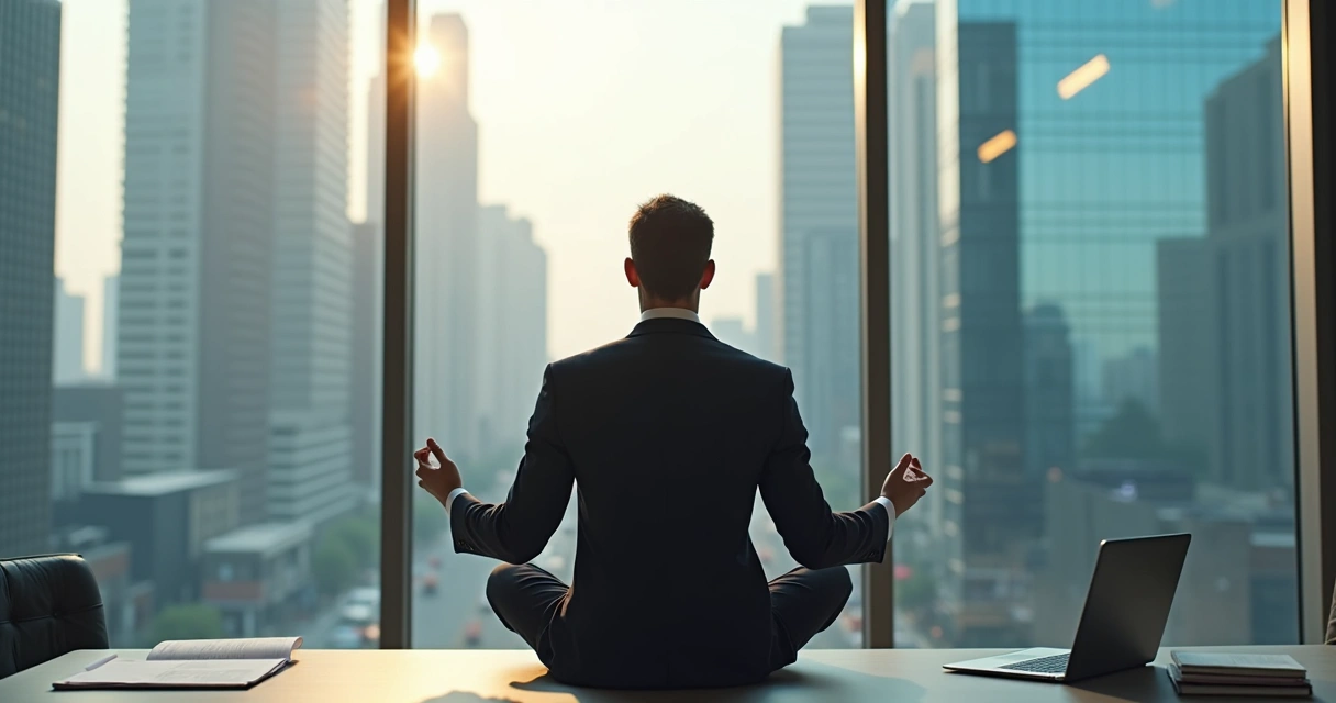 Ejecutivo sentado en postura de meditación, con fondo de oficinas urbanas