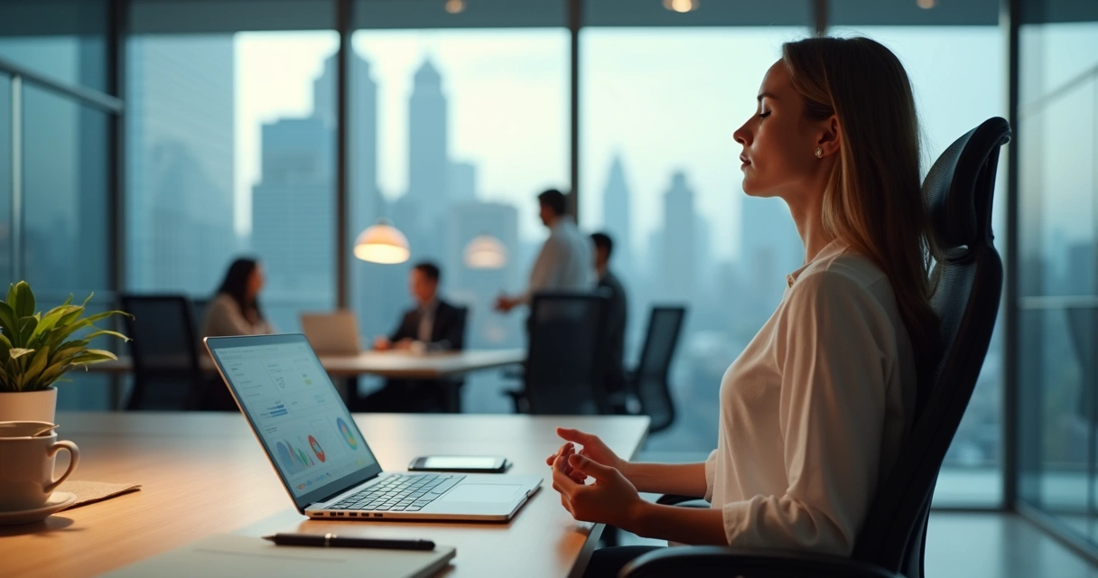 Profesional sentado meditando en una oficina moderna de alto rendimiento 