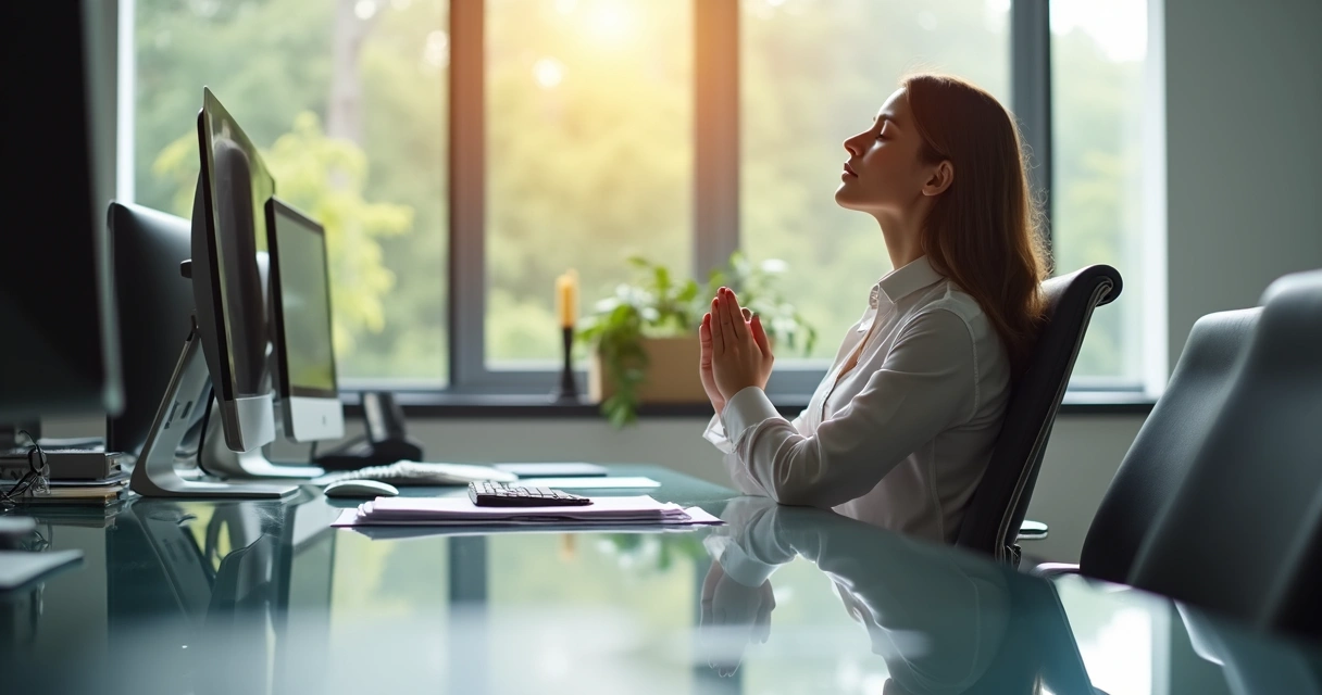 Ejecutivo sentado respirando conscientemente en oficina moderna 