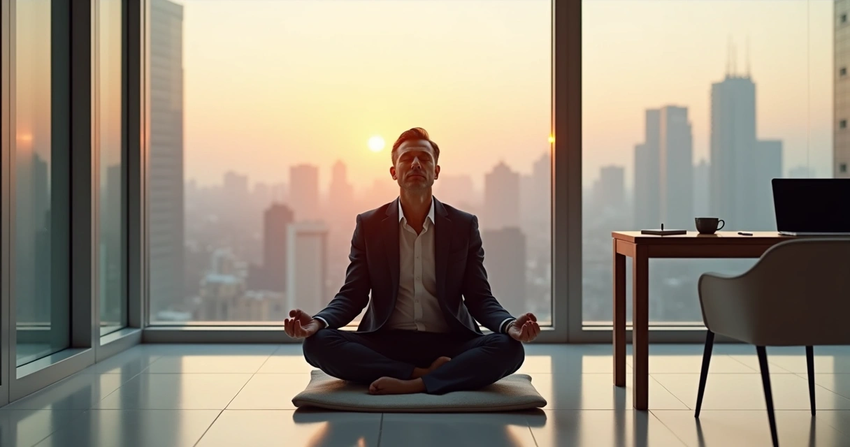 Ejecutivo sentado en meditación consciente en una oficina moderna con vista a la ciudad 