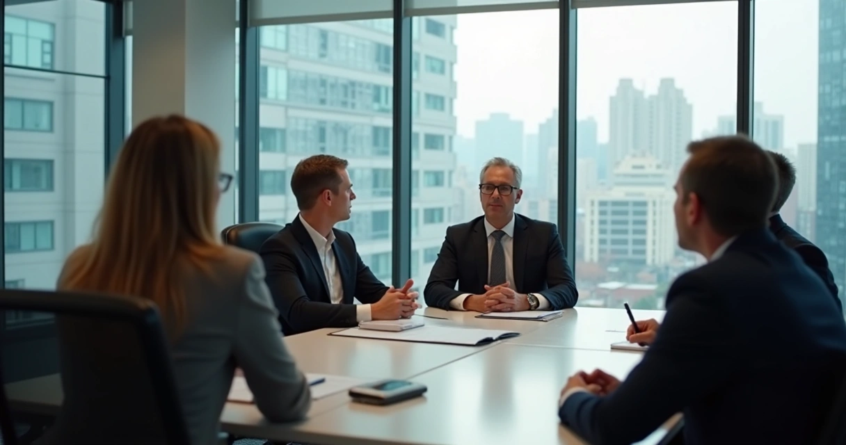 Ejecutivo sentado tranquilo en reunión laboral en sala de juntas 