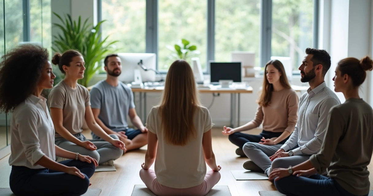 Personas meditando sentadas en una oficina moderna 