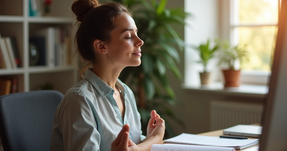Persona haciendo micropráctica de atención plena en su escritorio 