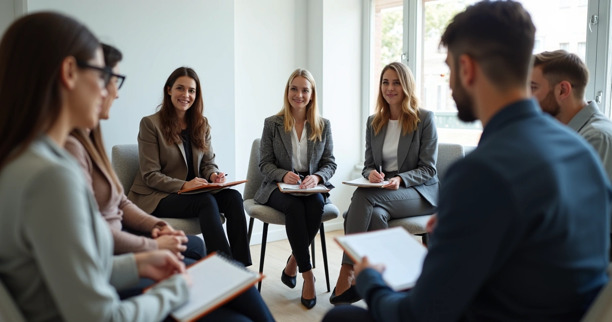 Ejercicio grupal de autoobservación con líderes analizando hojas en círculo 