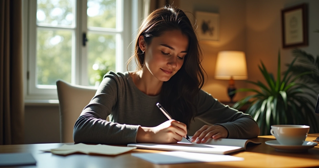 Persona escribiendo reflexiones en cuaderno con taza de té y luz suave 