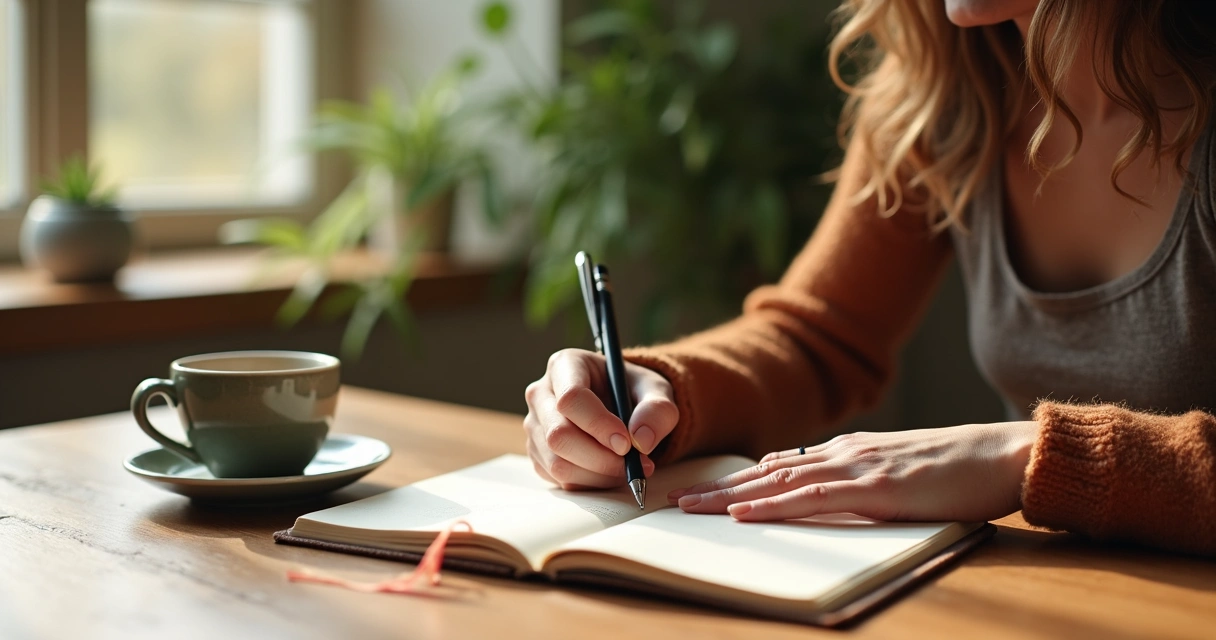 Persona escribiendo en un diario reflexionando sobre emociones