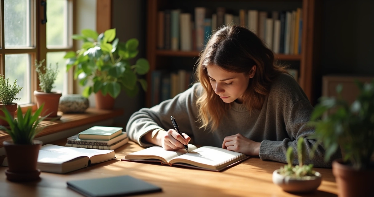 Persona escribiendo en un cuaderno rodeada de libros y plantas 