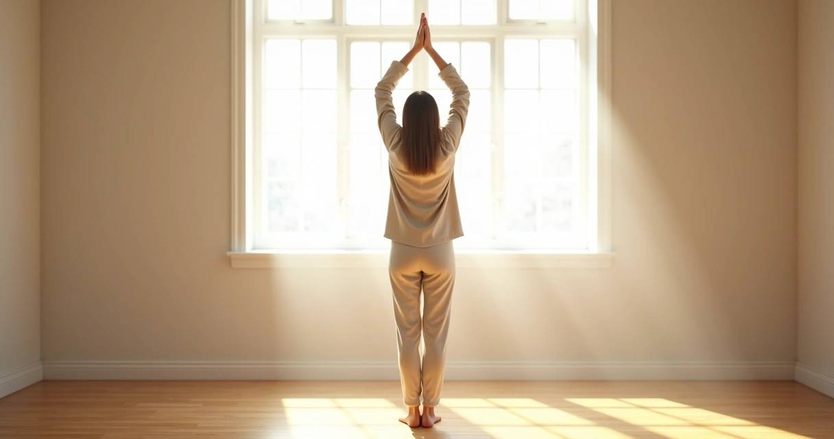 Persona de pie con ropa cómoda estirando los brazos para hacer ejercicios de conciencia corporal 