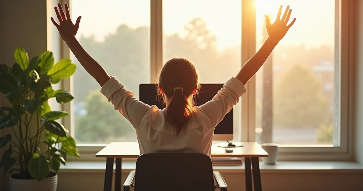 Persona haciendo estiramientos en una oficina junto a una ventana 