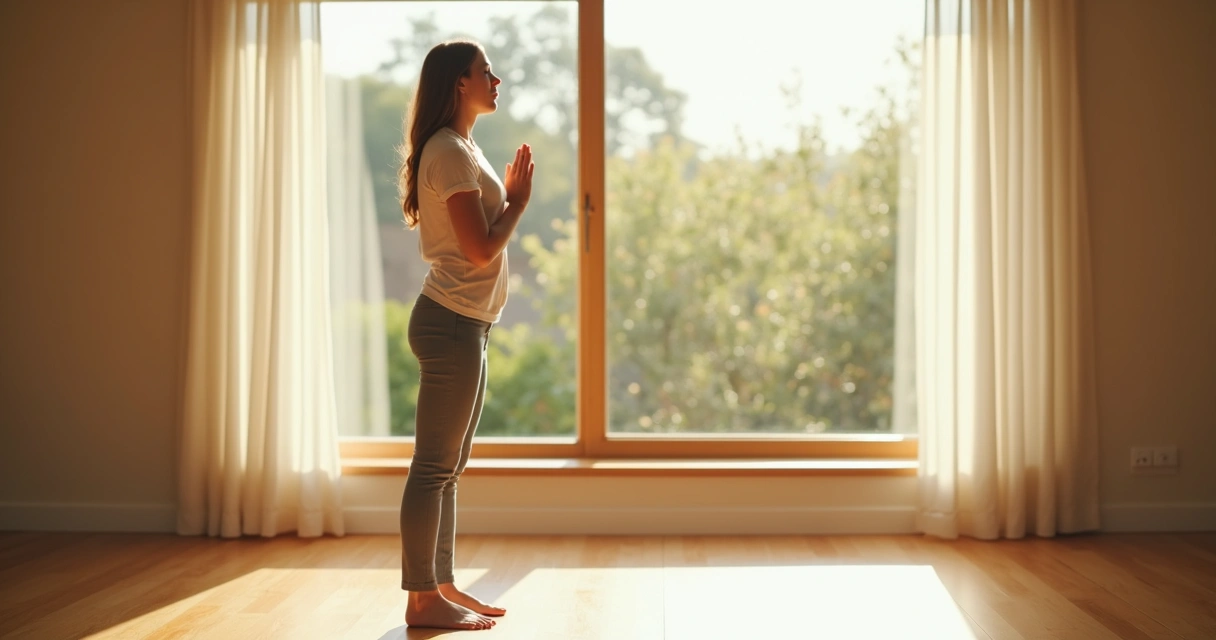 Persona practicando movimientos conscientes en un espacio tranquilo 