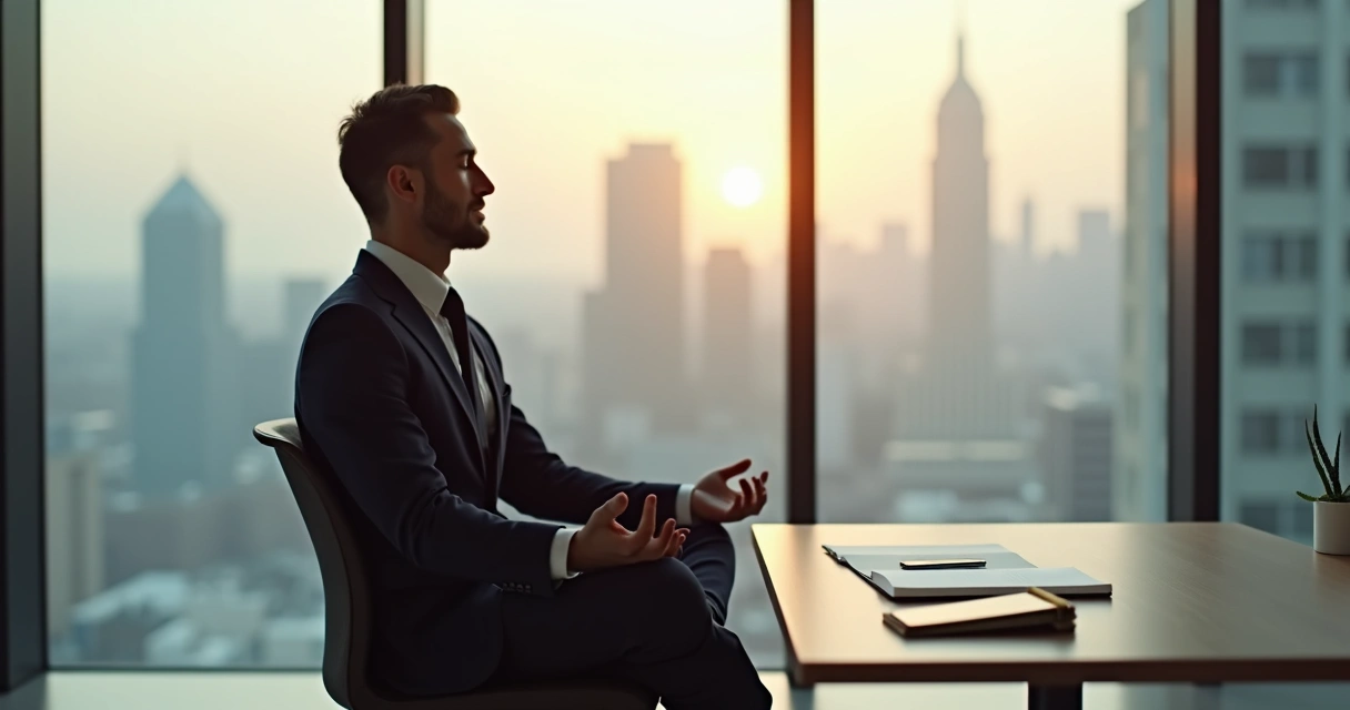 Persona meditando frente a una ventana en una oficina 