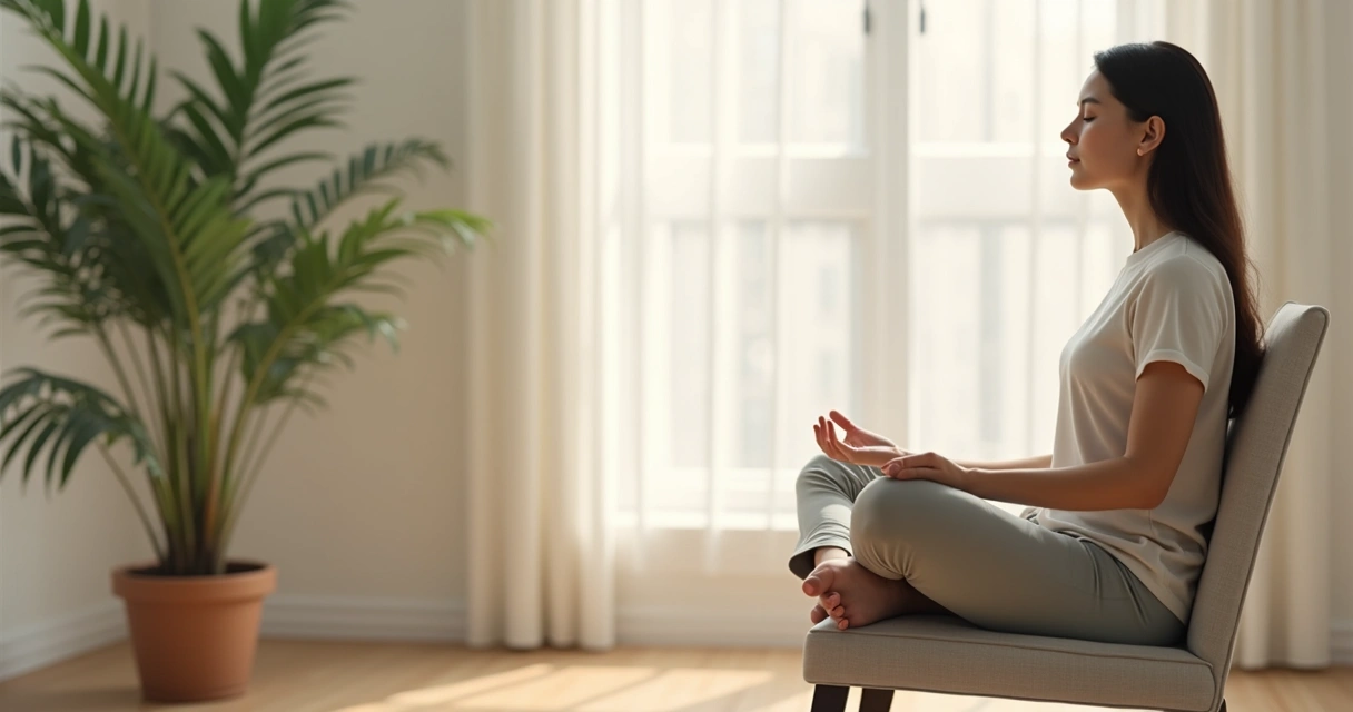 Persona sentada practicando meditación, postura erguida y expresión serena. 