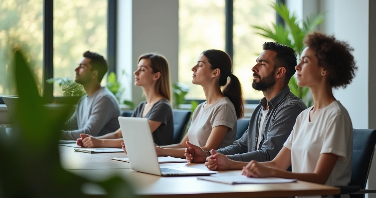 Personas sentadas en una oficina practicando atención plena