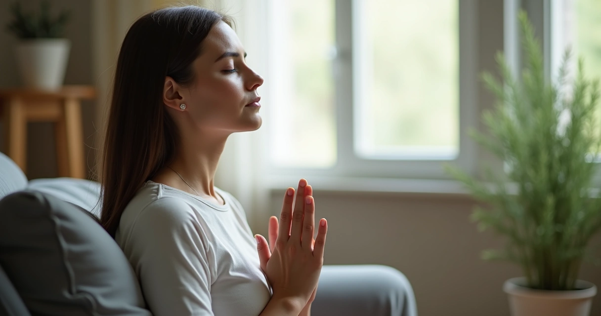 Persona con ojos cerrados haciendo ejercicio de respiración consciente 