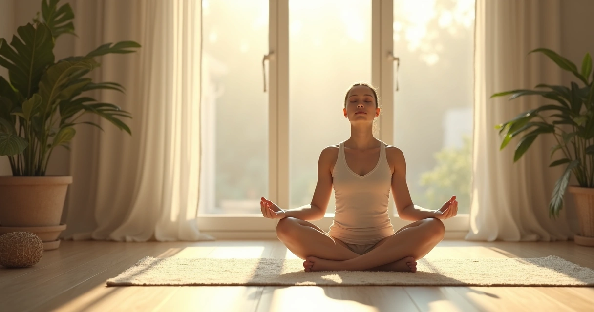 Persona sentada practicando respiración consciente en sala iluminada por la mañana