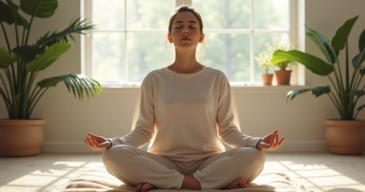 Persona sentada en posición de meditación, enfocada en su respiración, en un entorno tranquilo