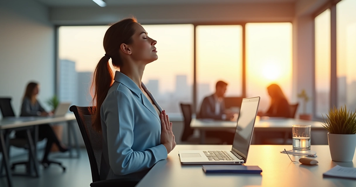 Profesional respirando profundo en su escritorio de oficina 