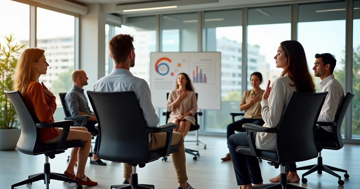 Ejercicio de respiración en grupo dentro de una oficina moderna 