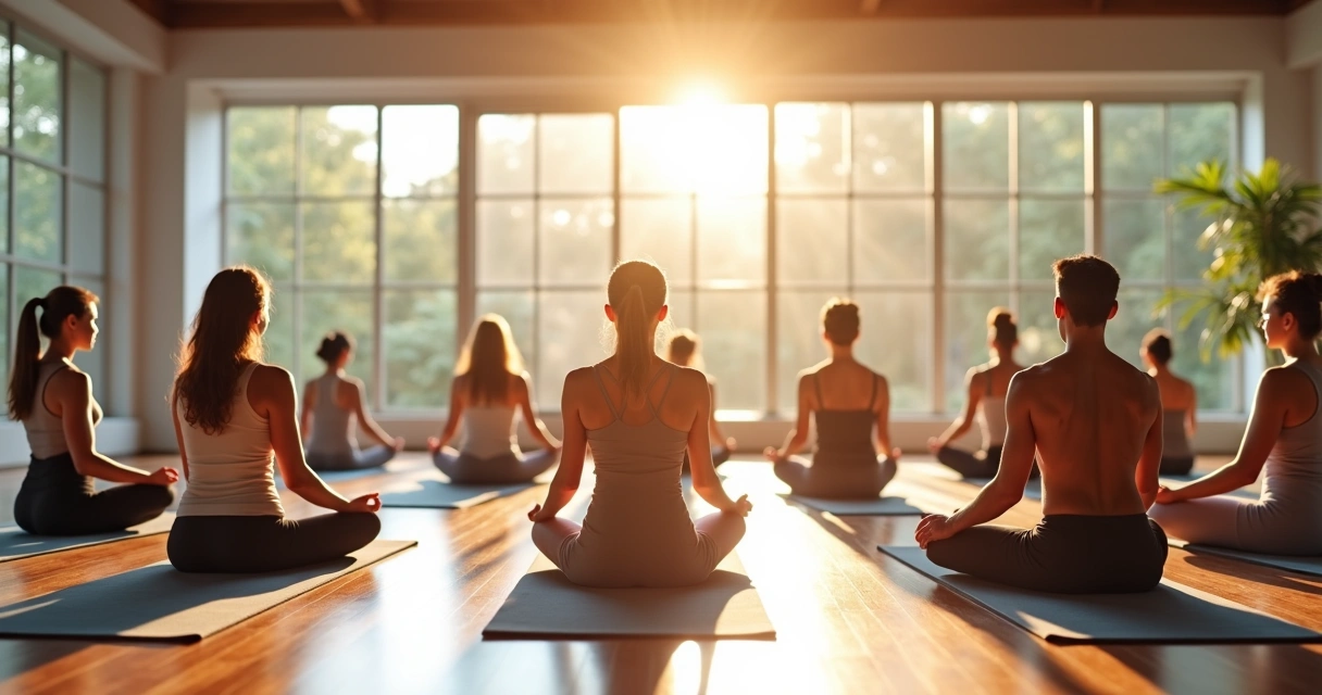 Personas practicando ejercicios de conciencia corporal en un espacio amplio y luminoso, sentados en el suelo en círculo. 