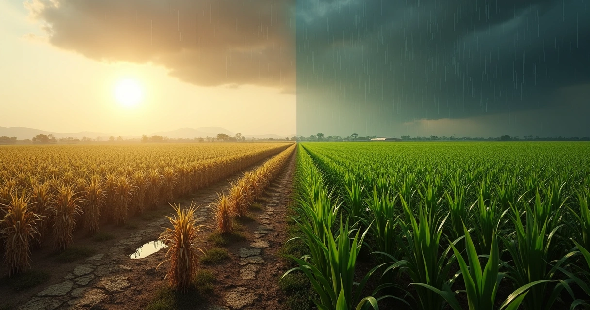 Sugarcane field split between drought and storm with price chart overlay 