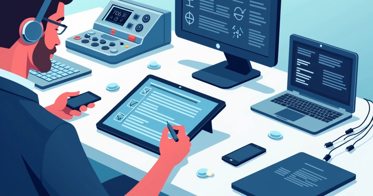 Técnico preenchendo relatório digital detalhado com equipamentos eletrônicos na bancada