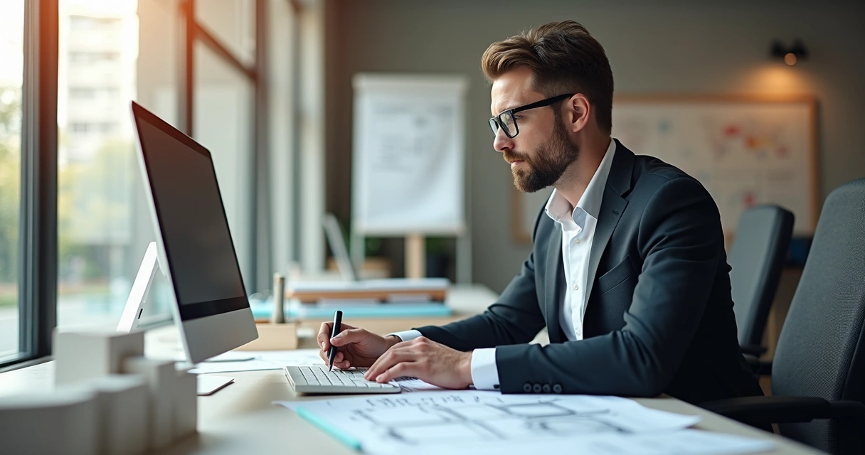 Engenheiro redigindo parecer técnico em escritório 