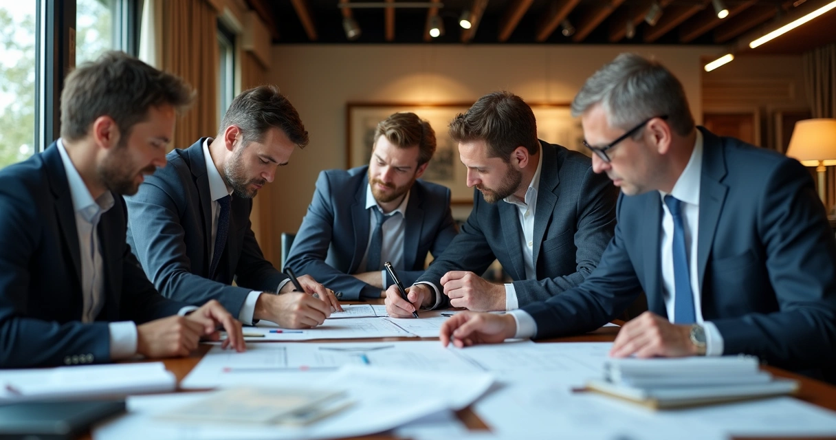 Equipe elaborando quesitos técnicos ao redor de uma mesa 