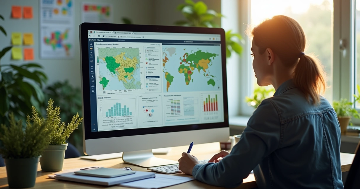 Profissional escrevendo relatório ambiental com dados técnicos ao fundo 