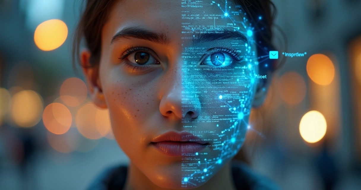 Rosto dividido entre metade humana e metade digital em ambiente urbano noturno 