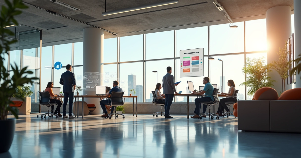 Equipes flexíveis trabalhando em estações moduláveis em um escritório moderno 