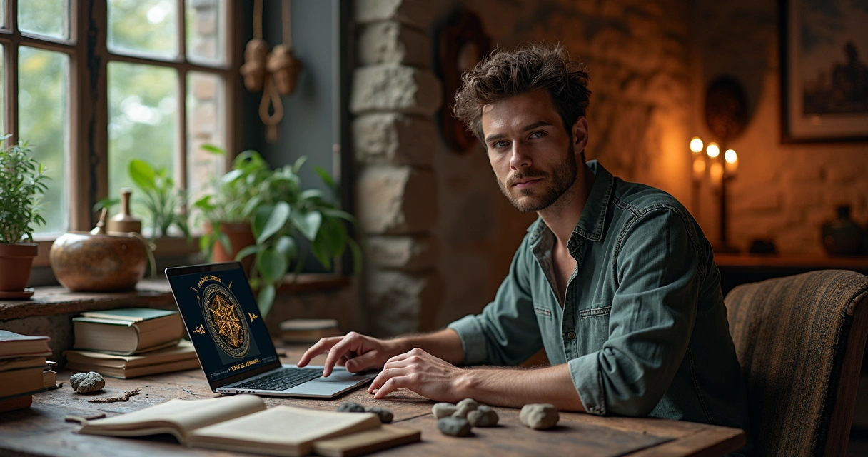 Modern person studying runes with a laptop and rune stones