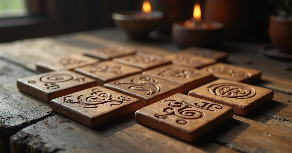 Elder Futhark runes carved on wooden tiles arranged on a rustic wooden table with a softly lit Norse mythology backdrop 