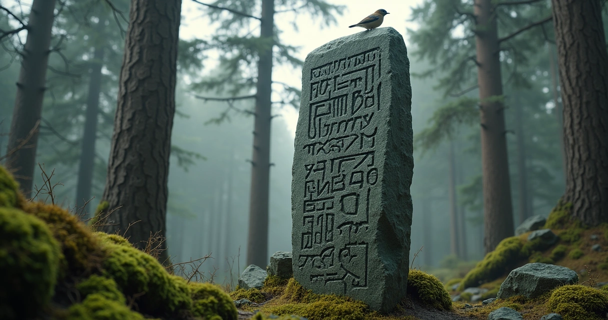 Ancient Elder Futhark runestone in a forest 