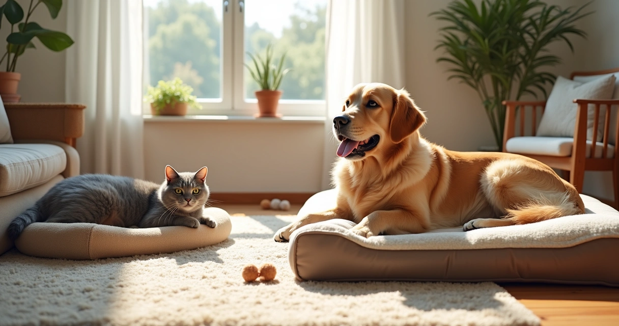 Senior dog and cat resting on orthopedic pet beds with ramps and non-slip rugs nearby.