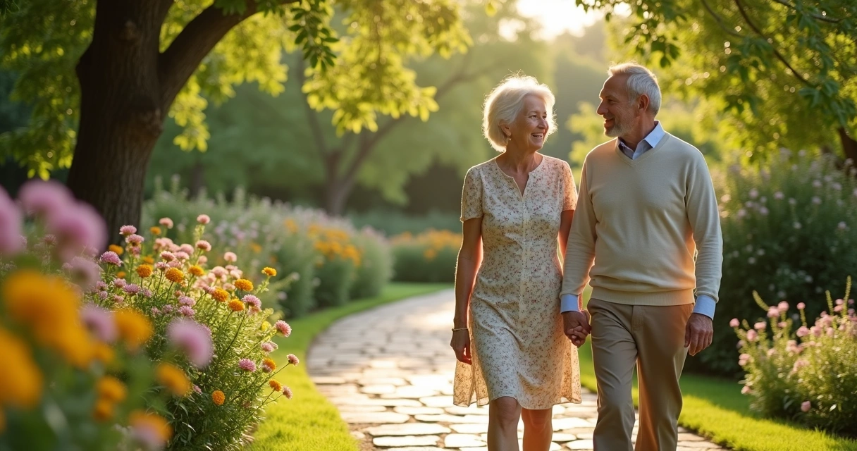 Senior couple holding hands while walking through a green garden