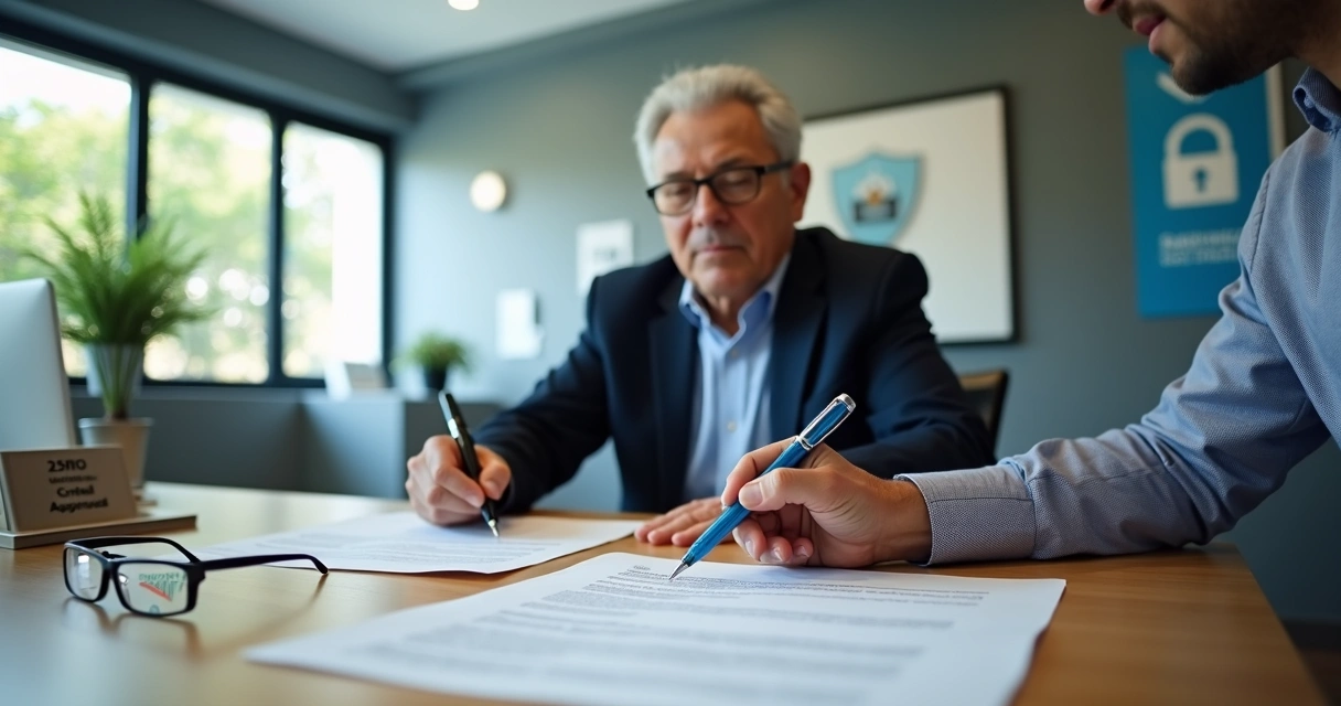 Elderly person signing credit contract in bank branch with advisor 