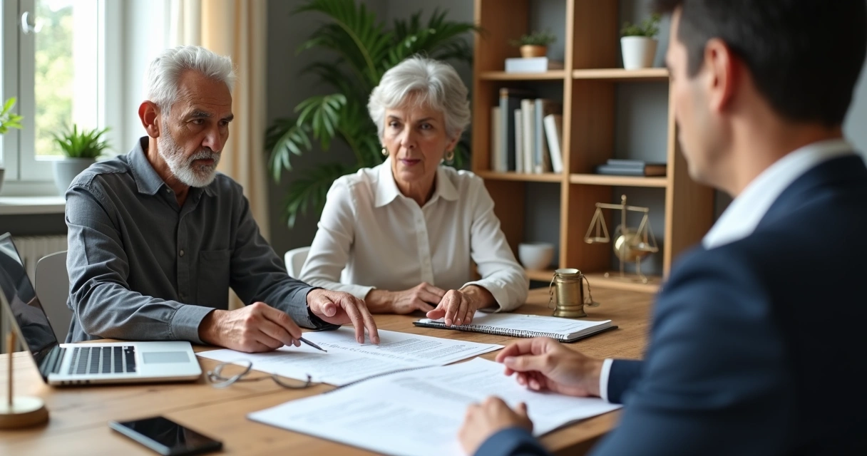Elderly person reviewing bank documents with family member and lawyer 