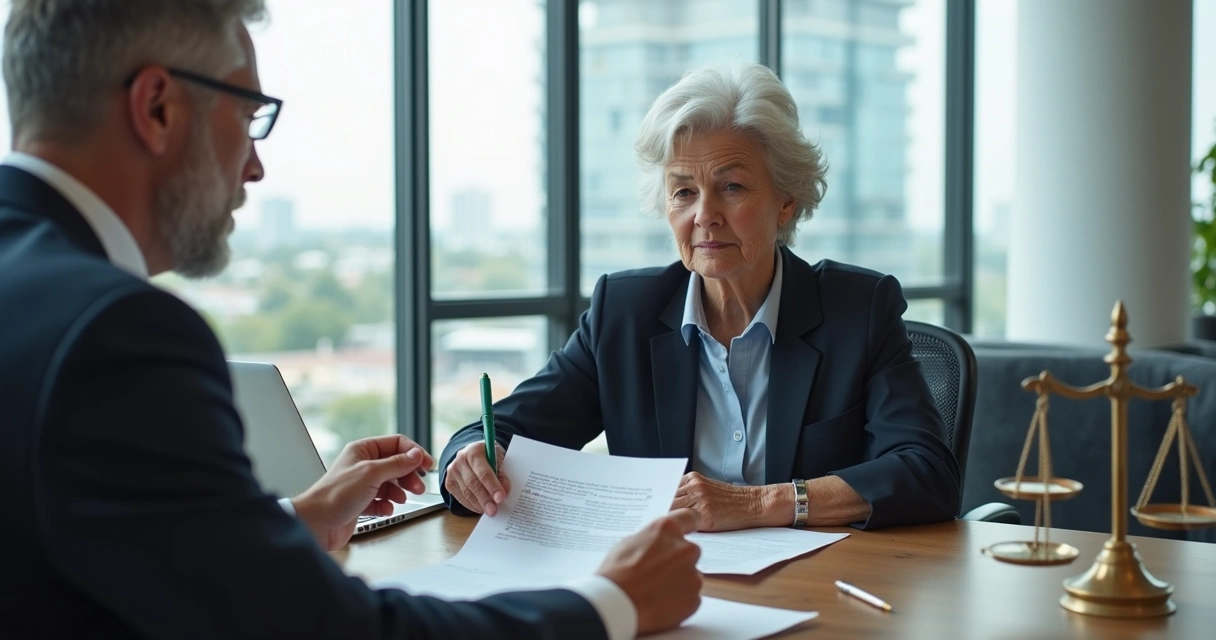 Elderly woman receiving legal and financial advice in a modern bank office setting 